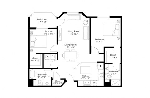 Floor plan for 2 beds, 2 baths, 1077 sqft
